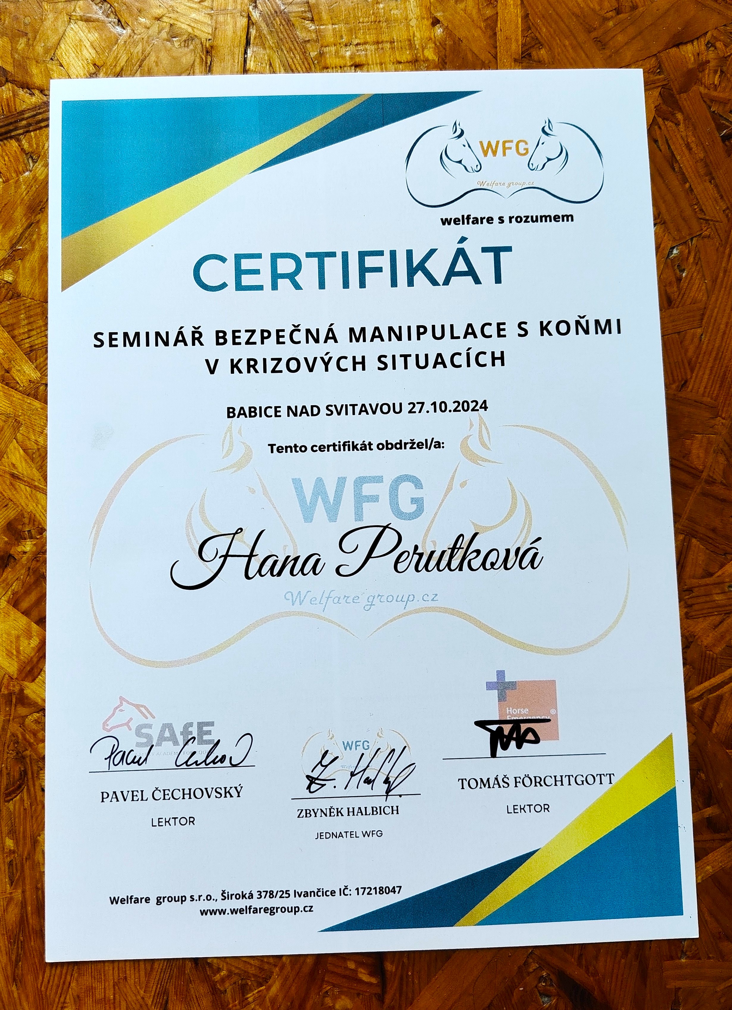 Certifikát bezpečná manipulace s koňmi WFG