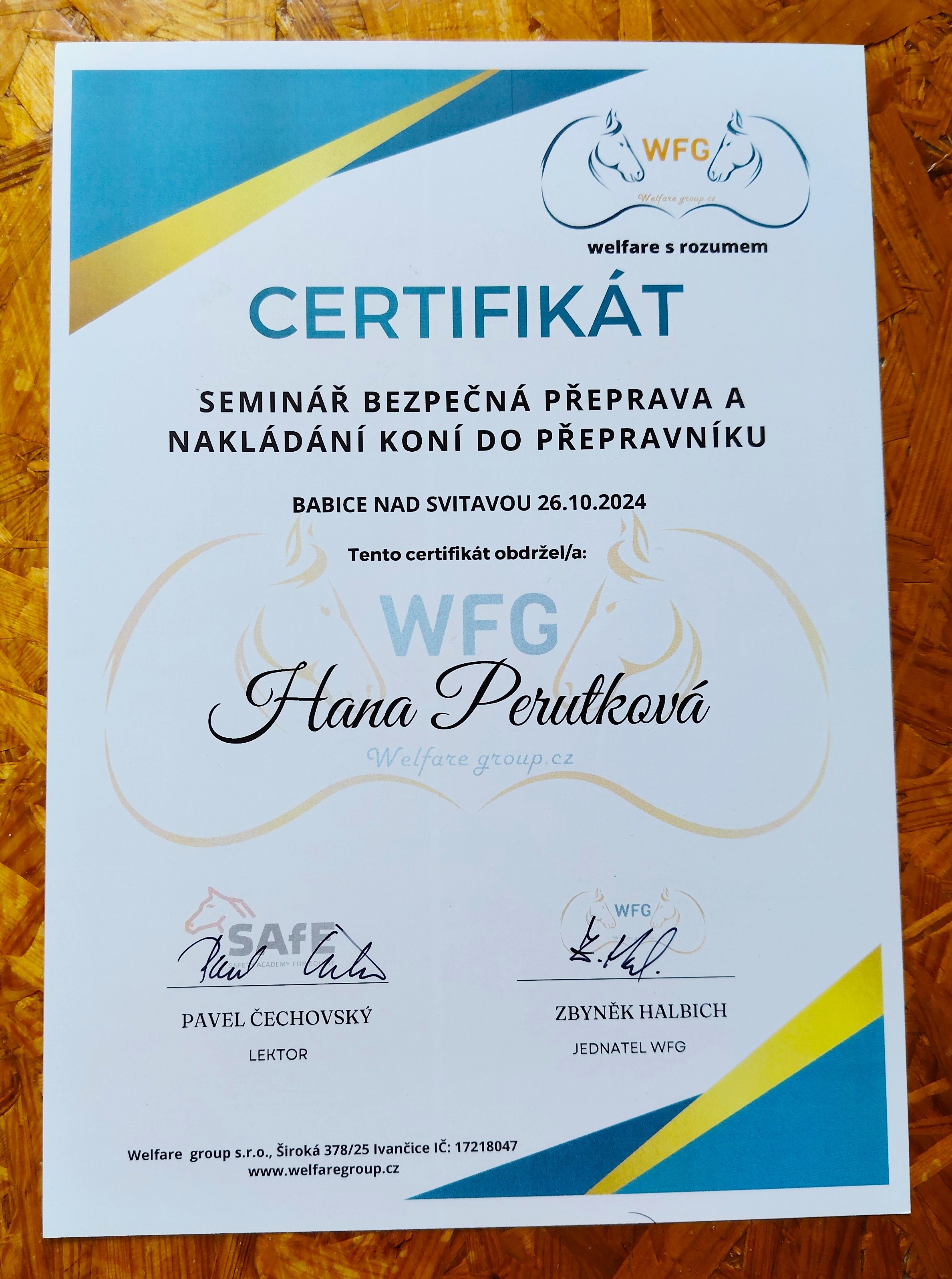 Certifikát bezpečná přeprava koní WFG