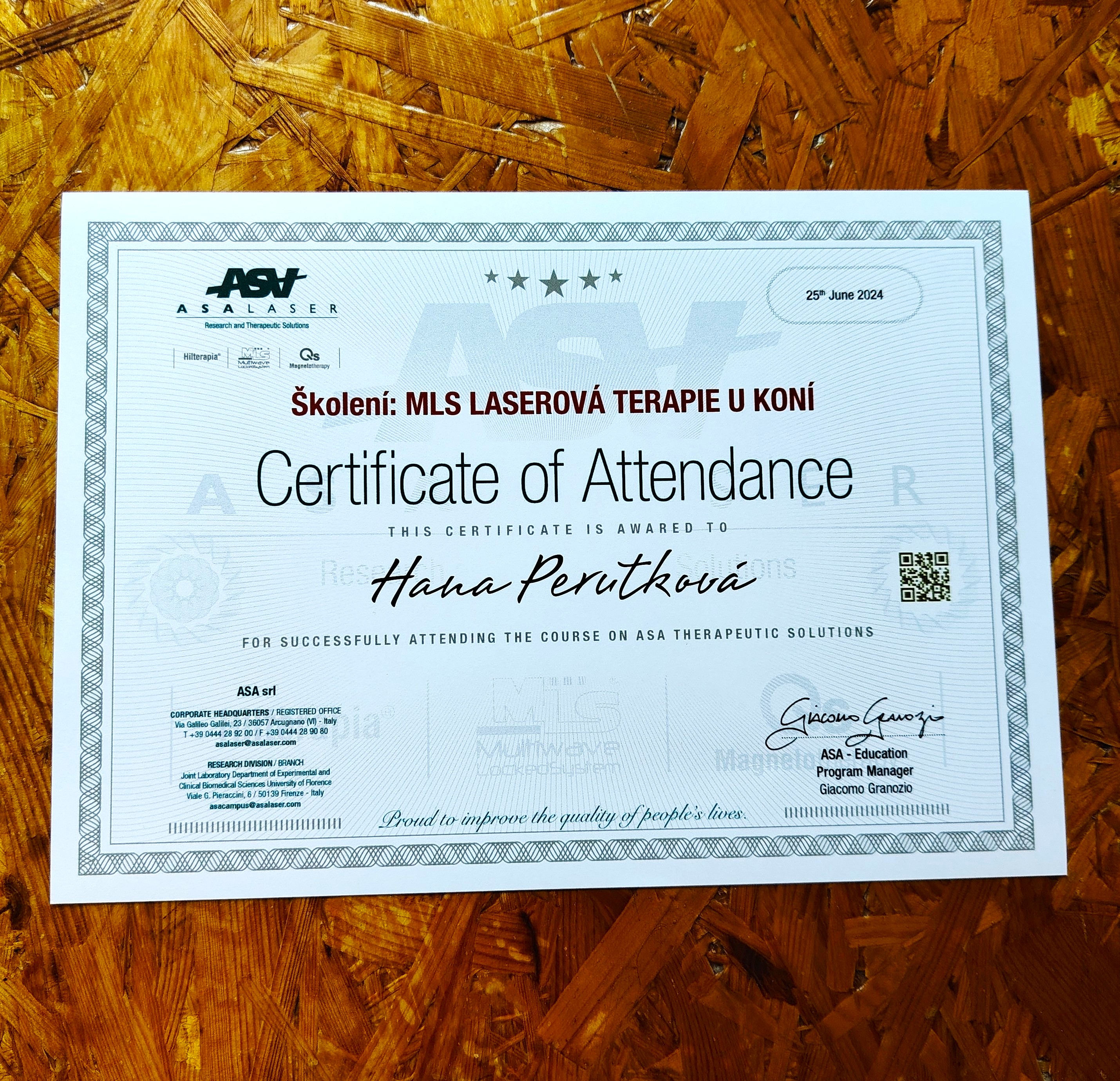 Certifikát MLS laserová terapie ASA Laser