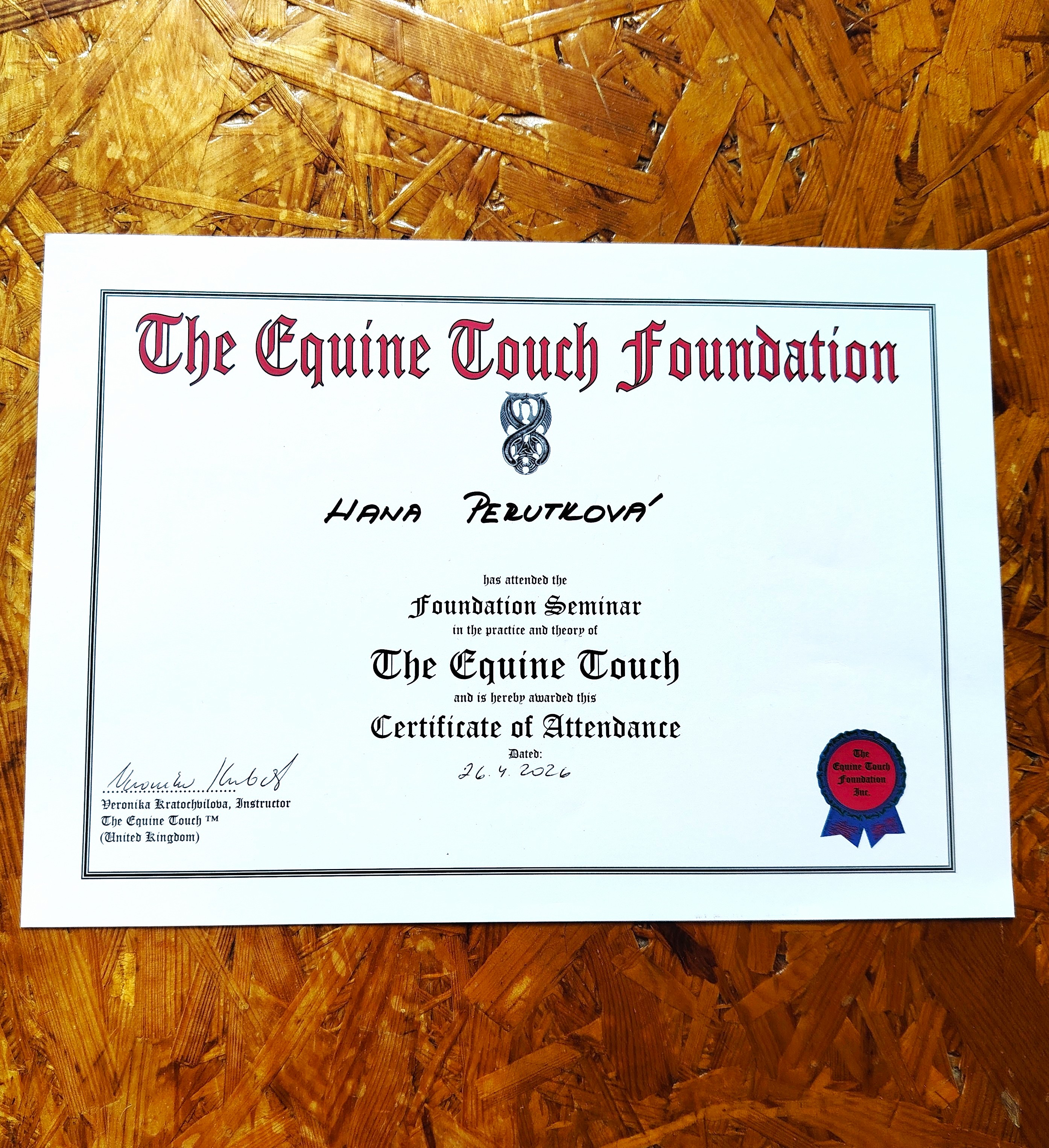 Equine Touch Foundation Seminar certifikát